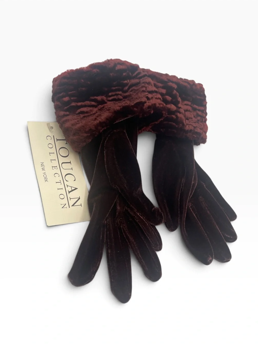 Vintage Toucan Collection NY Velvet Gloves Faux Fur Cuffs Burgundy Maroon OS